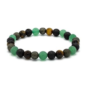 BUDDHY armband voor brede pols met groene kwarts, lavasteen, tijgeroog en pyriet BUDDHY armband voor brede pols met groene kwarts, lavasteen, tijgeroog en pyriet