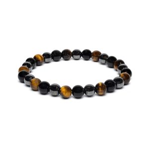 BUDDHY armband voor brede pols met tijgeroog, hematiet en obsidiaan BUDDHY armband voor brede pols met tijgeroog, hematiet en obsidiaan