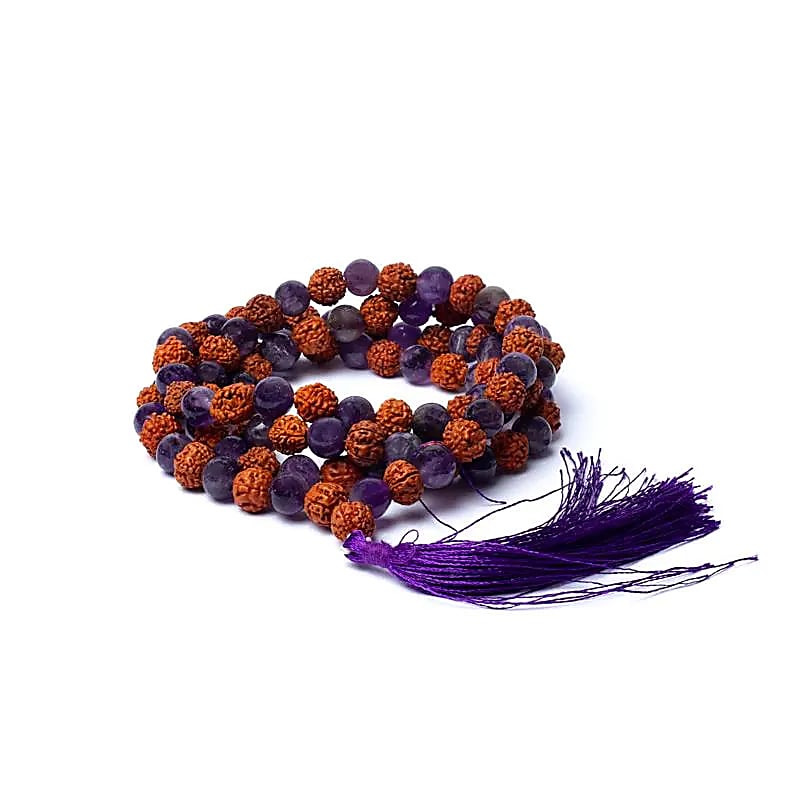 BUDDHY mala rudraksha armband met amethist – 108 kralen – paars kwastje BUDDHY mala rudraksha armband met amethist – 108 kralen – paars kwastje