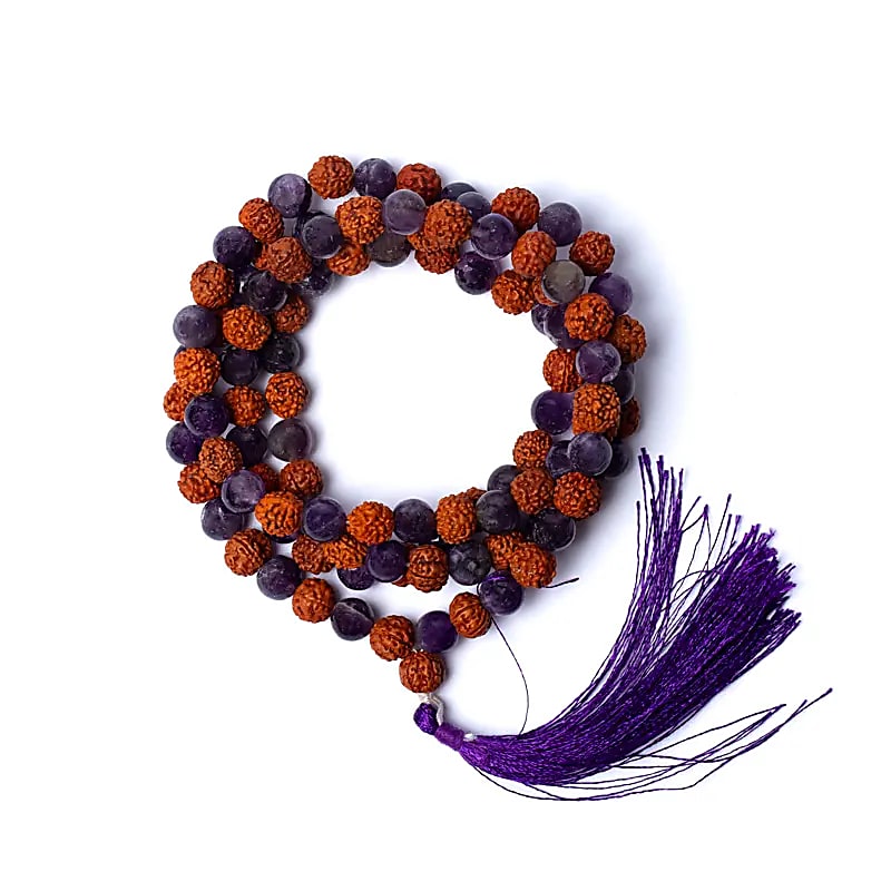 BUDDHY mala rudraksha armband met amethist – 108 kralen – paars kwastje BUDDHY mala rudraksha armband met amethist – 108 kralen – paars kwastje - Afbeelding 2